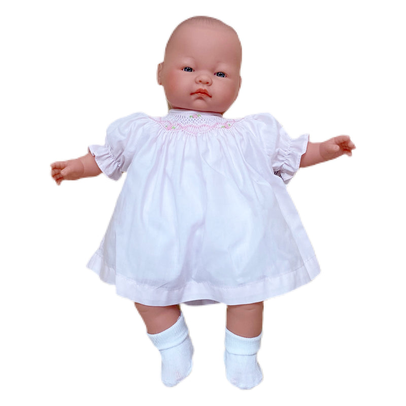 Baby Emma Doll Bald with Blue Eyes with Pink Smocked Dress 15 inch - Born Childrens Boutique