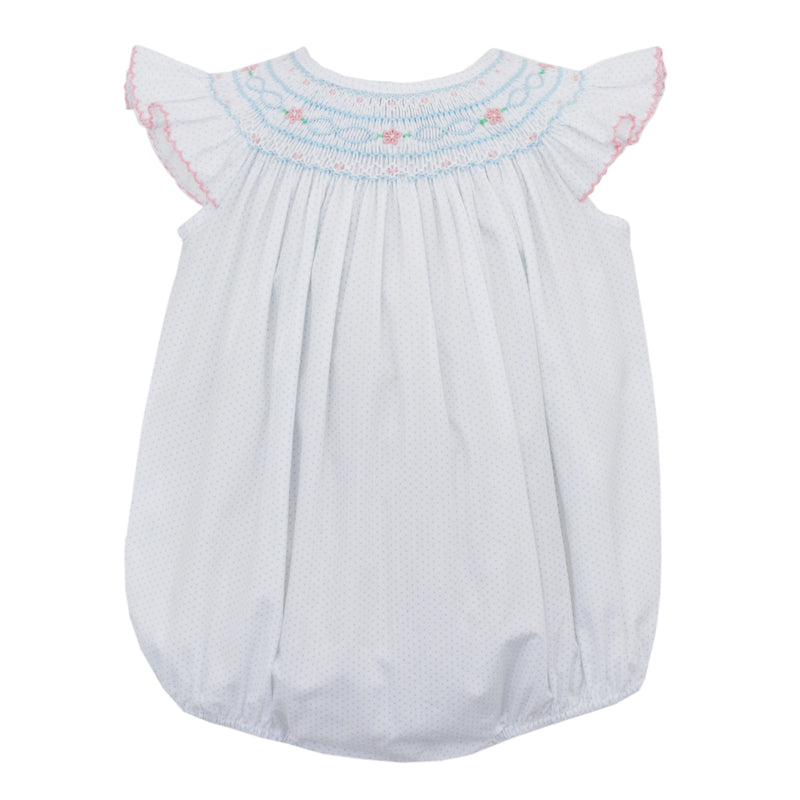 Sophia Angel Wing Bishop Bubble - Blue Dot w/ Pink Smocking - Born Childrens Boutique