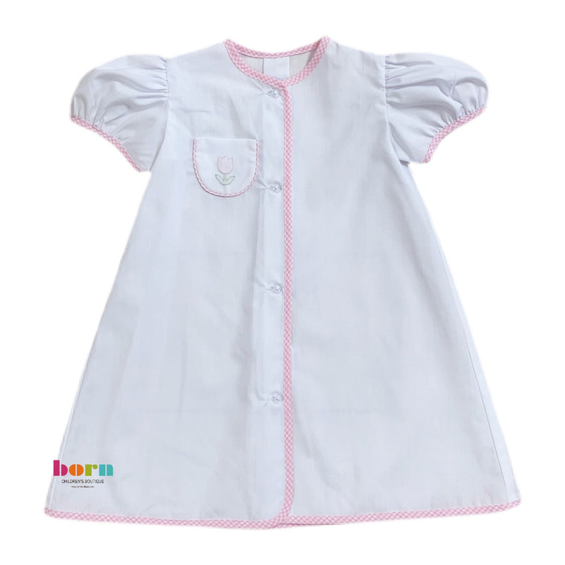Auraluz Gown White Pink Check with Pink Tulip - Born Childrens Boutique