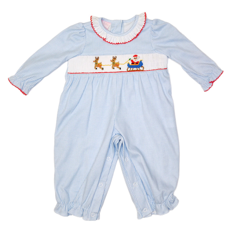 Petit Bebe Santa Sleigh Light Blue Mini Check Knit Girl Bubble - Born Childrens Boutique