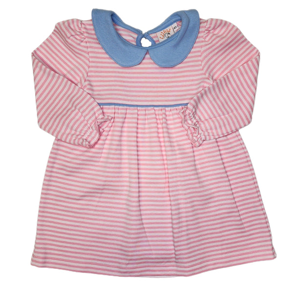 LS Gathered Bottom Dress Lt Pink/White w/ Sky Blue Collar - Born Childrens Boutique