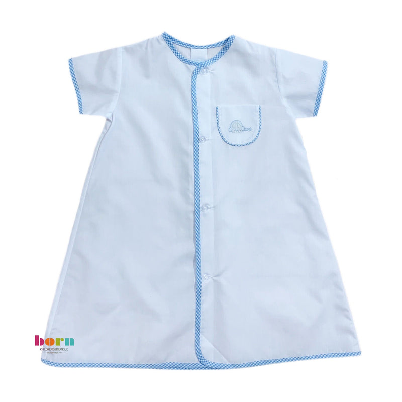 Auraluz Gown White Blue Check with Blue Turtle - Born Childrens Boutique