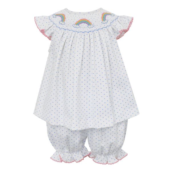 Rainbow Smocked Bloomer Set - White and Blue Knit Dot - Born Childrens Boutique