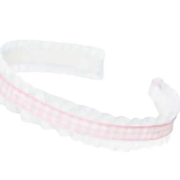 Light Pink Gingham Double Ruffle Headband - Born Childrens Boutique