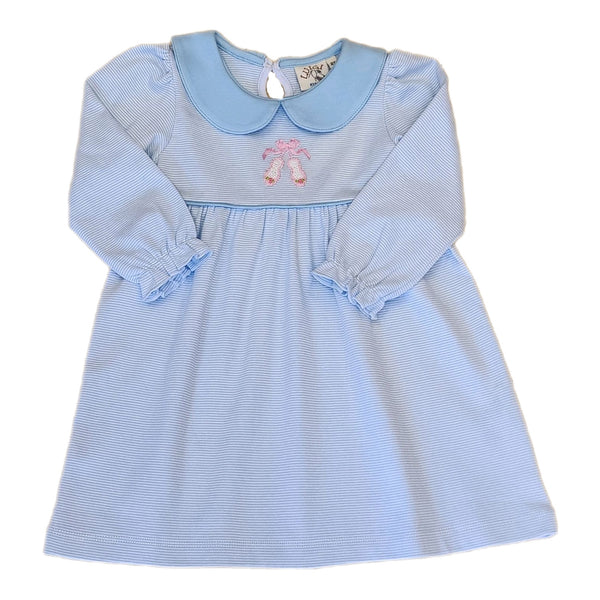 Stripe Gather Ruff Cuff Dress Baby Blue/White Crochet Ballet - Born Childrens Boutique