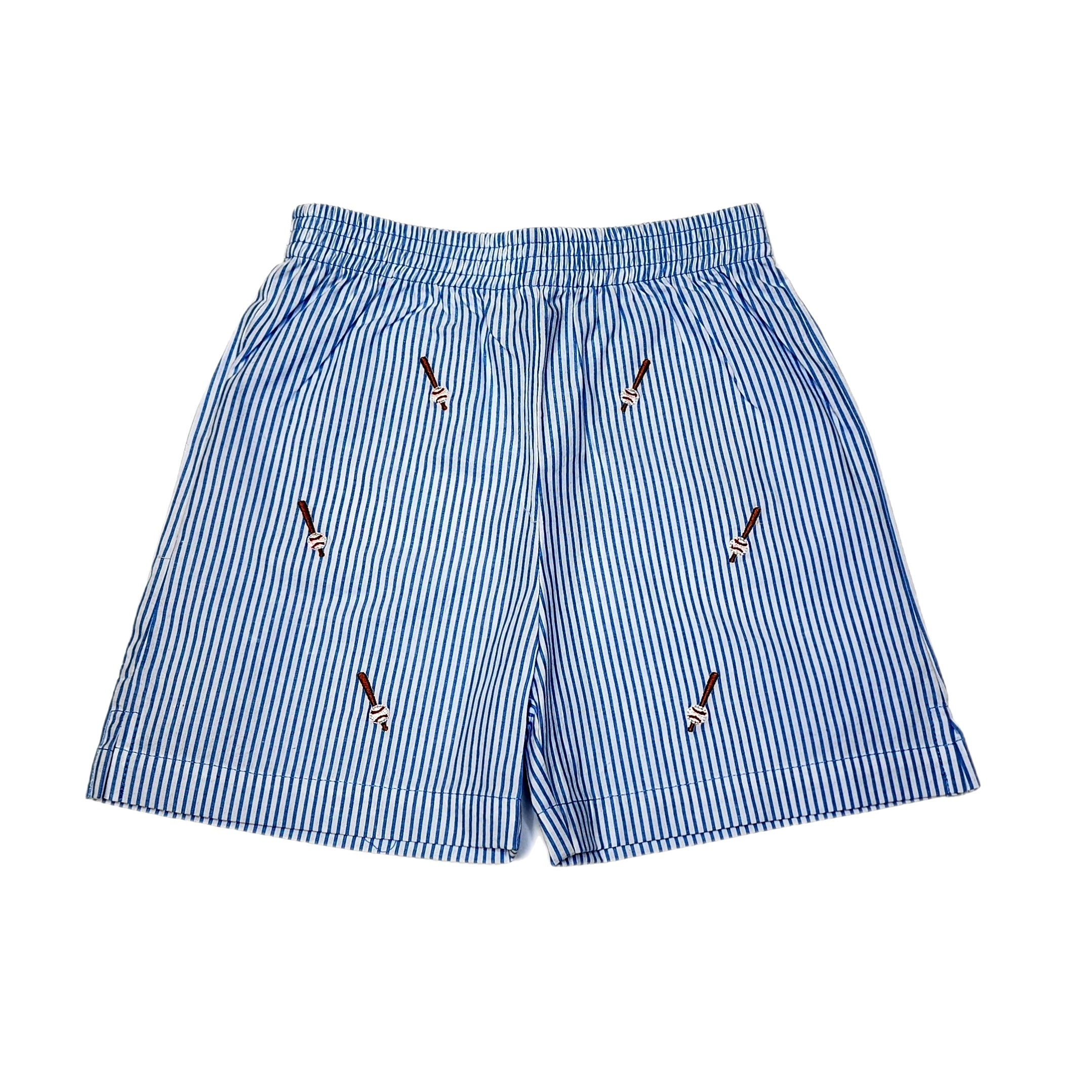Boy Blue Seersucker Shorts Baseball Bats - Born Childrens Boutique