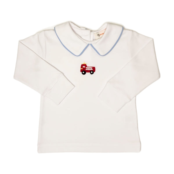 Crochet Fire Truck Top w/ Sky Blue Trim - Born Childrens Boutique
