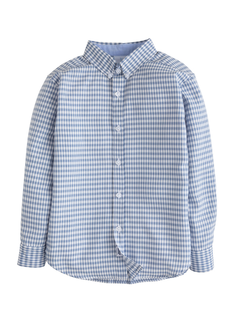 Little English Button Down Shirt - Gray Blue Gingham - Born Childrens Boutique