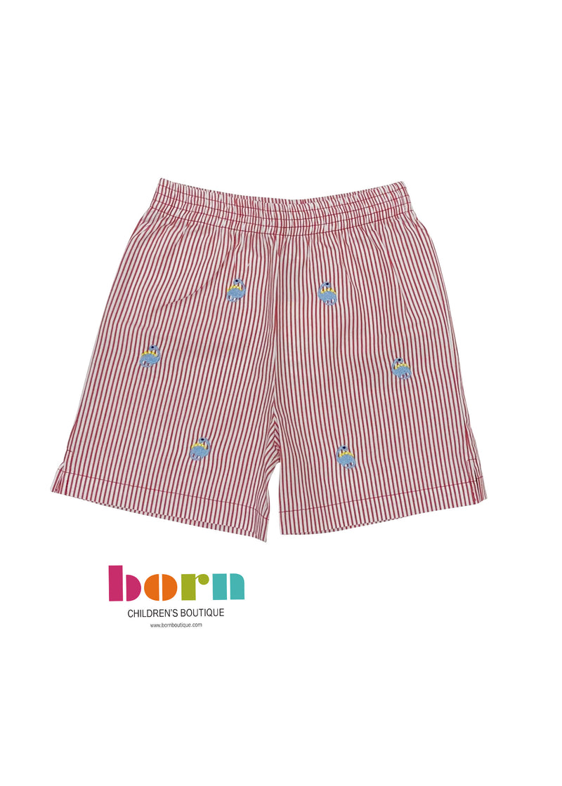 Red Seersucker Shorts w/ Dino Embroidery - Born Childrens Boutique