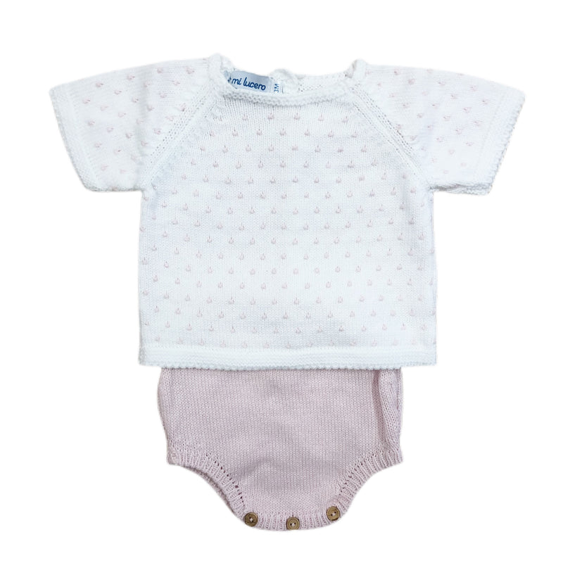 Mi Lucero White with Pink Dot Diaper Set Short Sleeve Sweater - Born Childrens Boutique