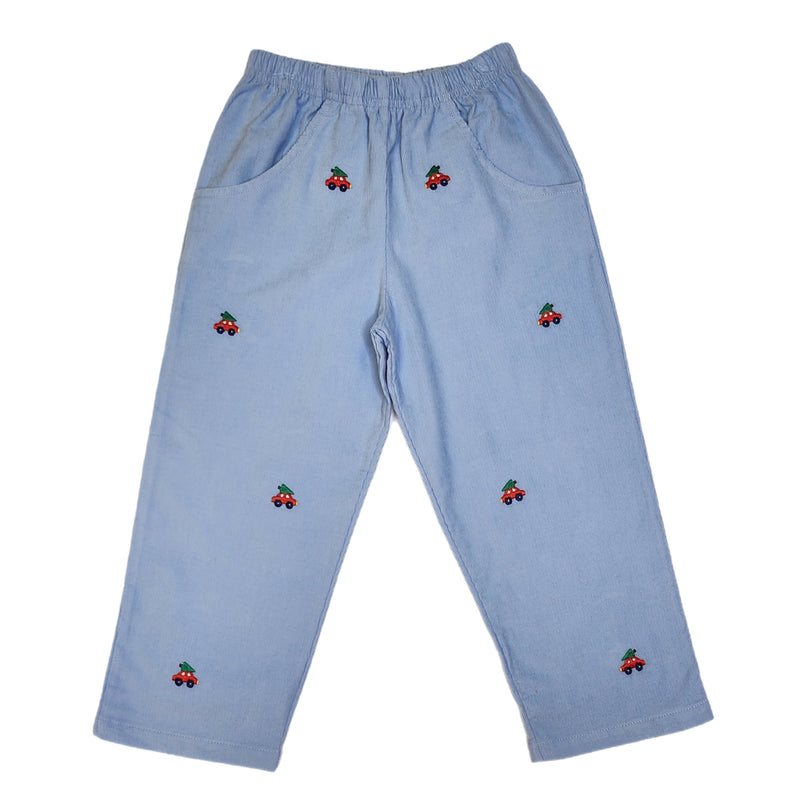 Boy Cord Pant Sky Blue Car w/ Tree Embroidered - Born Childrens Boutique
