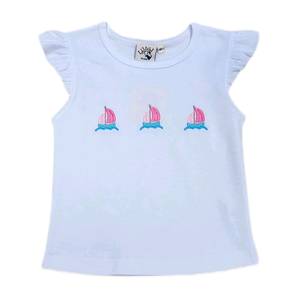 Girl Flutter Sleeve Shirt 3 Sailboats - Born Childrens Boutique
