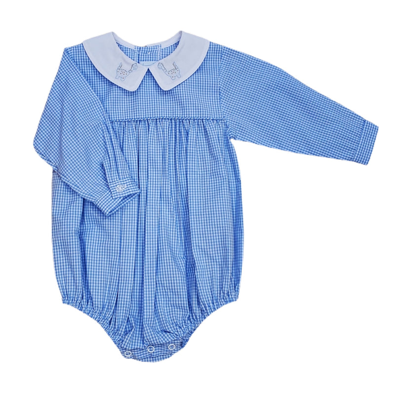Blue Check Dino Long Sleeve Short Bubble - Born Childrens Boutique