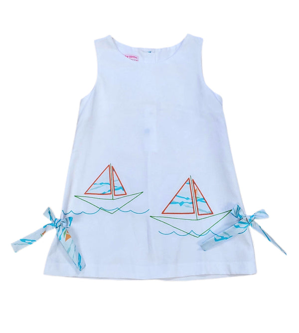 White Pique with Sea Salt Print Embroidery Sophie Dress - Born Childrens Boutique