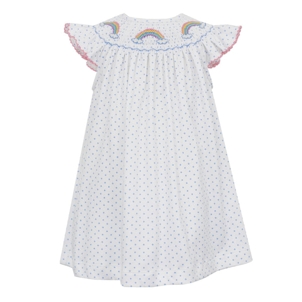 Angel Wing Bishop Rainbow Dress - White and Blue Knit Dot - Born Childrens Boutique