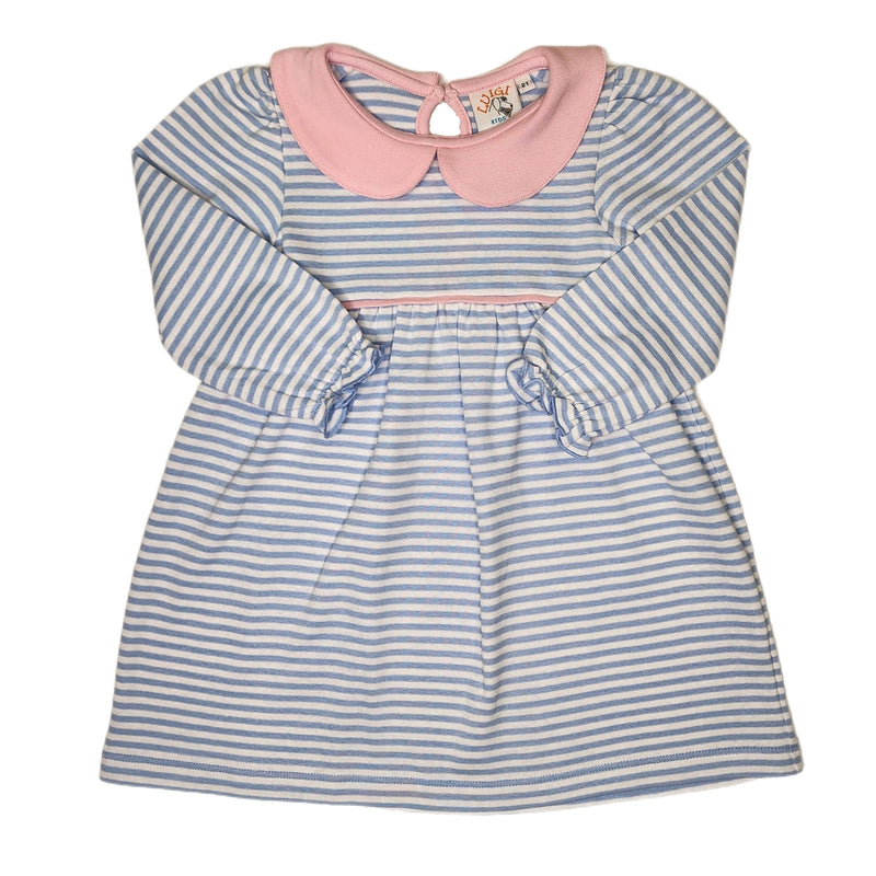 LS Gath Bottom Dress Sky Blue Stripe w/ Pink Collar - Born Childrens Boutique