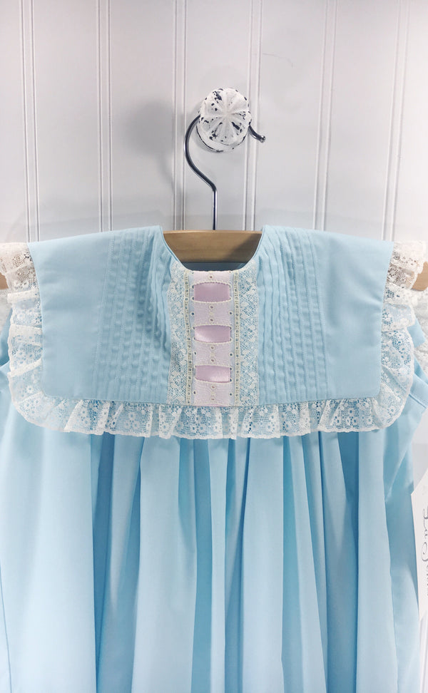 Heirloom Sleeveless Robins Egg Blue Dress with Pink Ribbon - Born Childrens Boutique