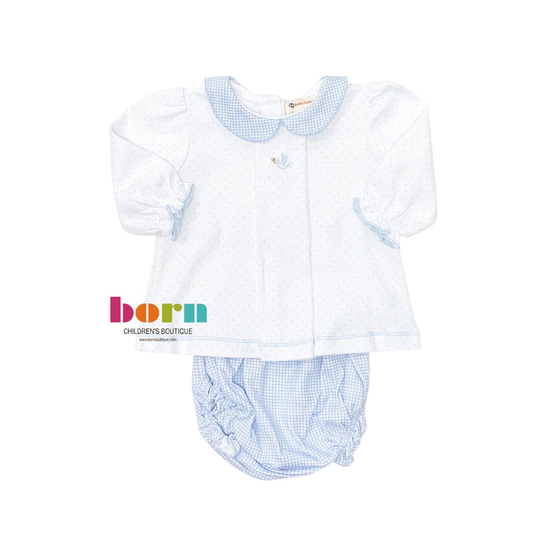 Long Sleeve Blue Dot with Blue Gingham Knit Bloomer Set - Dove - Born Childrens Boutique