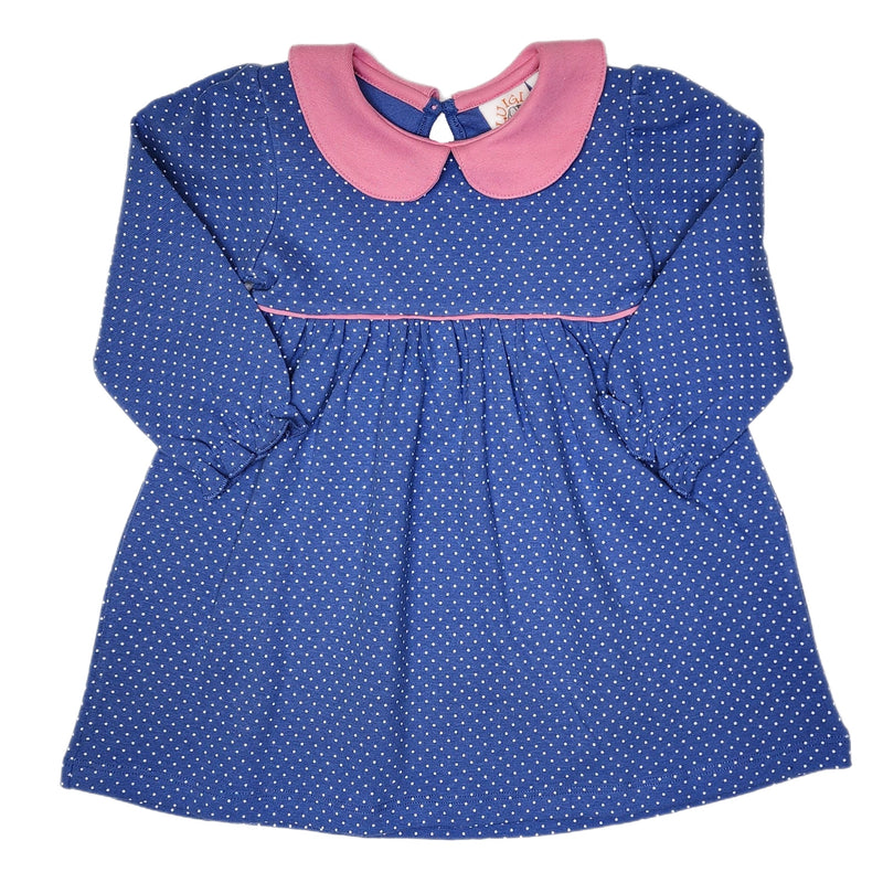 LS Gathered Bottom Dress DK Chambray/White w/ Lt Bubblegum Collar - Born Childrens Boutique