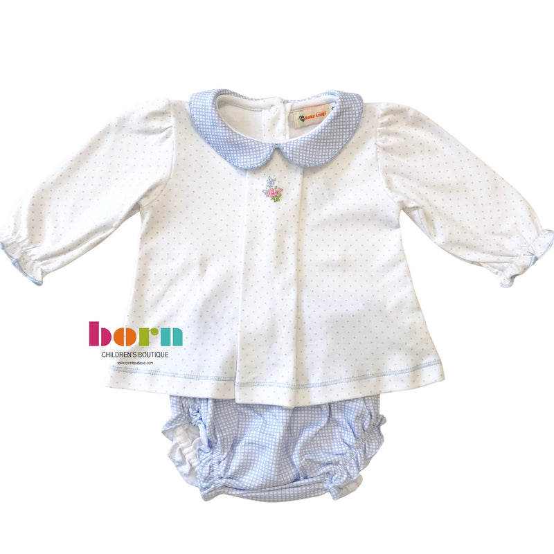 Long Sleeve Blue Dot with Blue Gingham Knit Bloomer Set - Flowers - Born Childrens Boutique