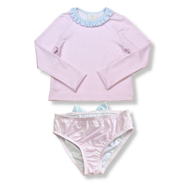 Pre-Order Sun & Sand Rash Guard Set - Pink/Blue Mini Gingham - Born Childrens Boutique