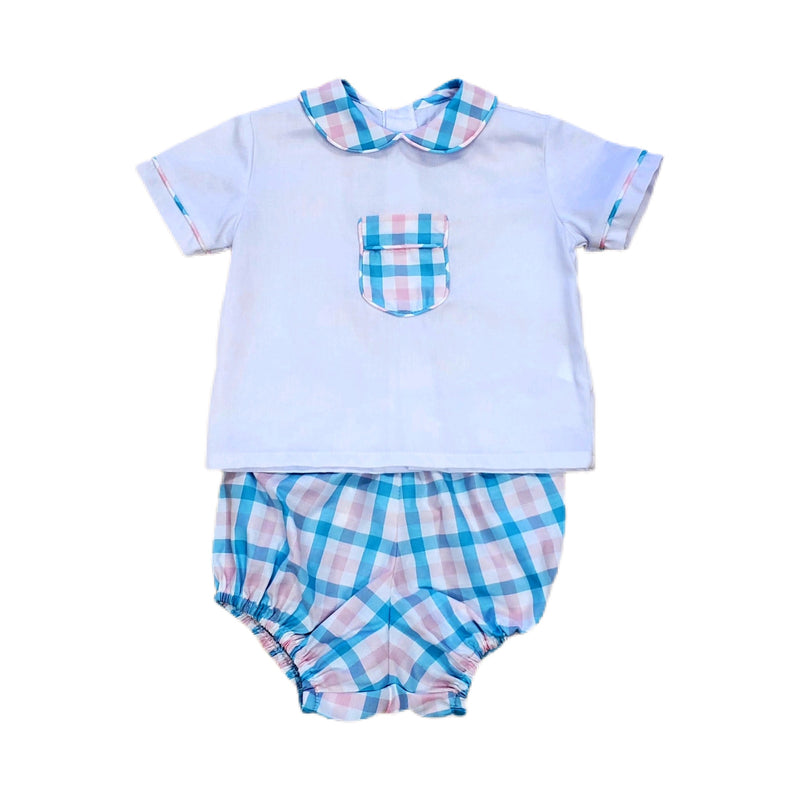 Pink and Turquoise Check Bloomer with White - Born Childrens Boutique