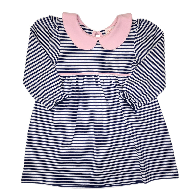 LS Gathered Bottom Dress Dark Royal/White w/ Lt Pink Collar - Born Childrens Boutique