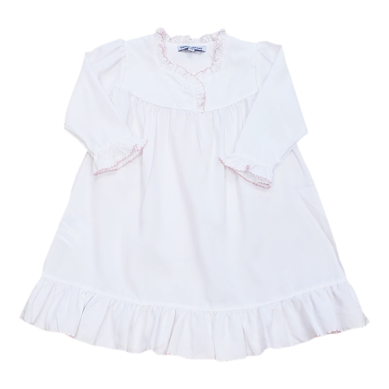 Long Sleeve White Gown with Pink Picot Trim - Born Childrens Boutique