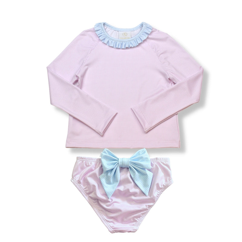 Pre-Order Sun & Sand Rash Guard Set - Pink/Blue Mini Gingham - Born Childrens Boutique