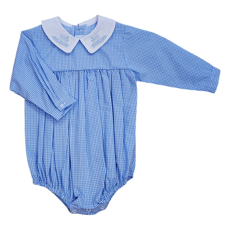 Blue Check Train Long Sleeve Short Bubble - Born Childrens Boutique