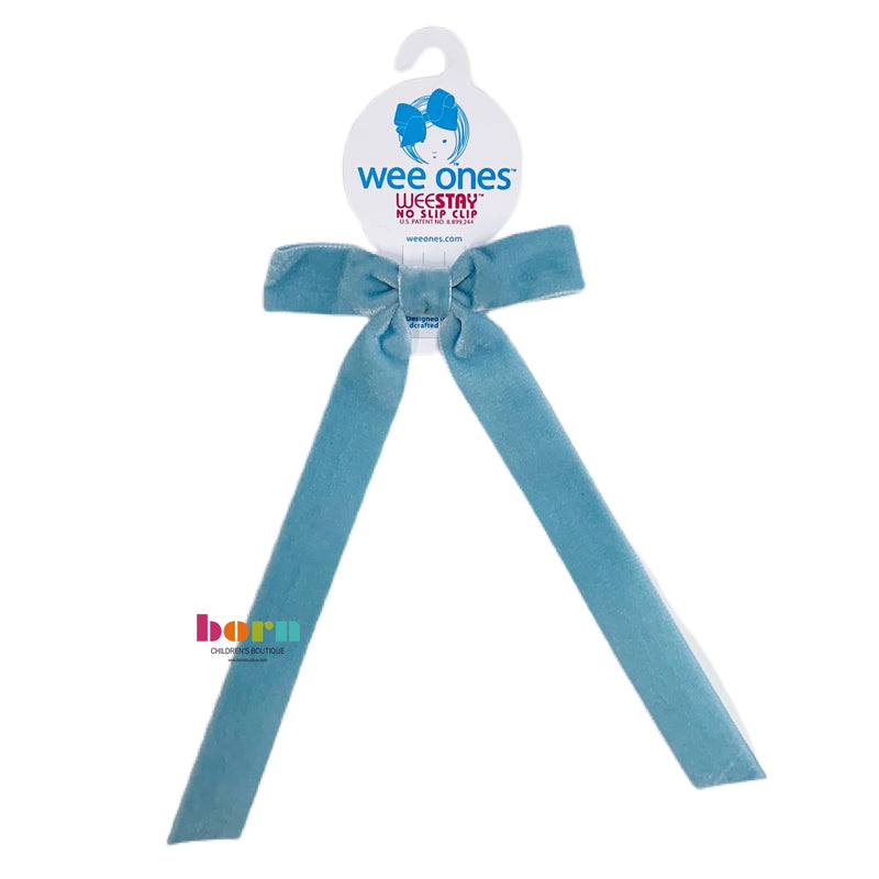 Wee Ones Dusty Blue Velvet Bow with Tail - Born Childrens Boutique