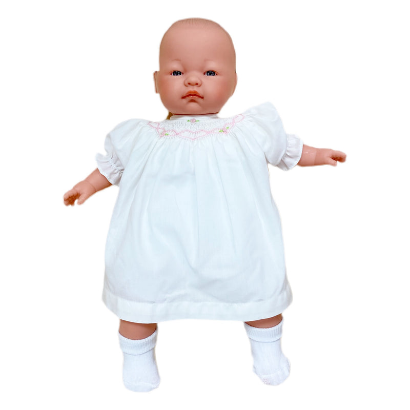 Baby Emma Doll Bald with Blue Eyes with Ivory Smocked Dress 15 inch - Born Childrens Boutique