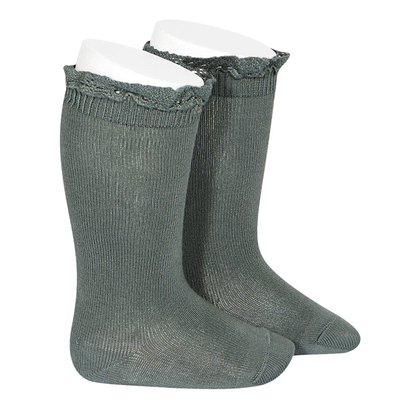 Knee Socks with Lace Trim Hunter Green - Born Childrens Boutique