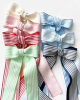 Stripes and Gros Grain Long Tail Bow 8 in, Red - Born Childrens Boutique