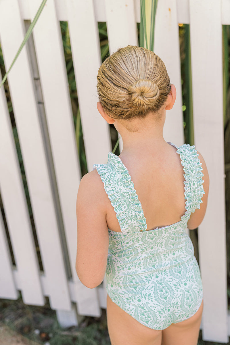 Pre-Order Abaco Green Paisley Ruffle Strap One Piece - Born Childrens Boutique
