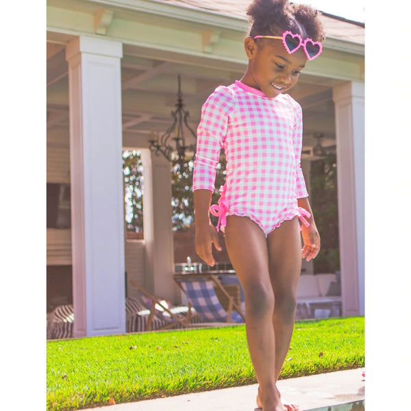 SugarBee Pink Gingham Ruffle Swimsuit - Born Childrens Boutique