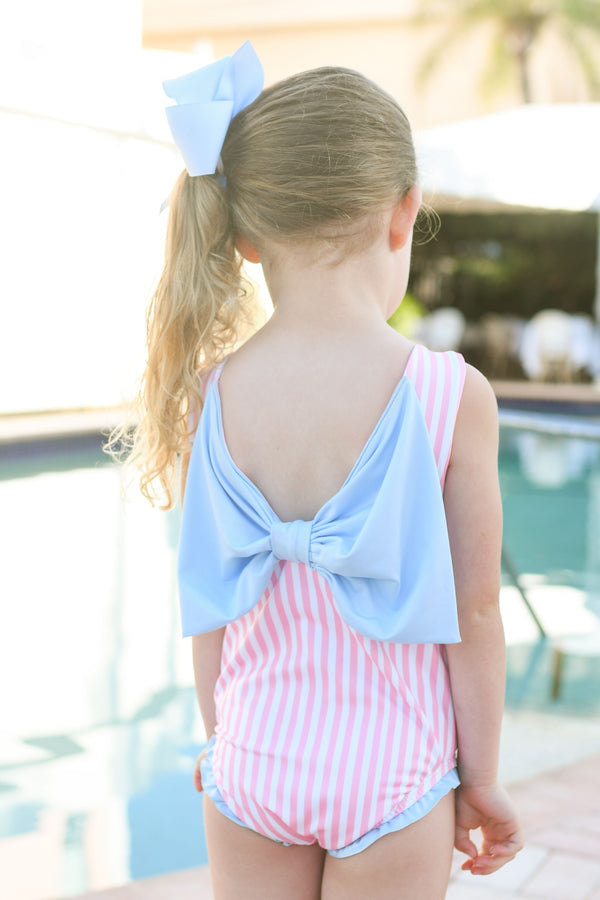 Girls Lottie Little Girl Swim Pink Stripe with Blue Back Bow - Born Childrens Boutique