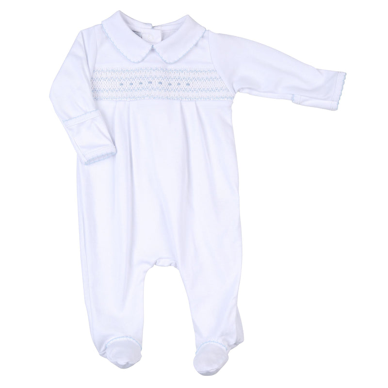 Magnolia Baby Taylor and Tyler Smocked Collared Boy Footie Blue - Born Childrens Boutique