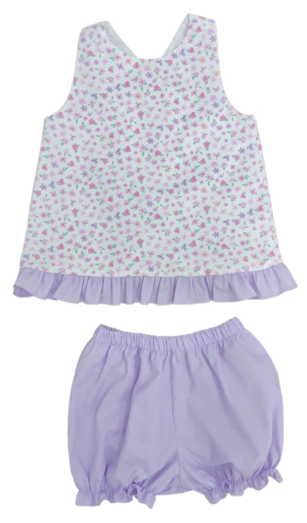 Pre-Order James & Lottie Poppy Pinafore Bloomer Set Pink and Purple Floral with Lavender Trim - Born Childrens Boutique