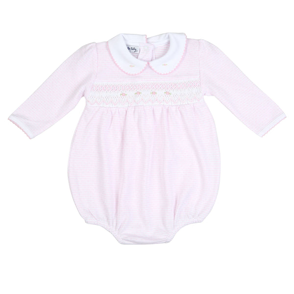 Delaney and Dillon Smocked Collared Long Sleeves Girl Bubble Pink - Born Childrens Boutique