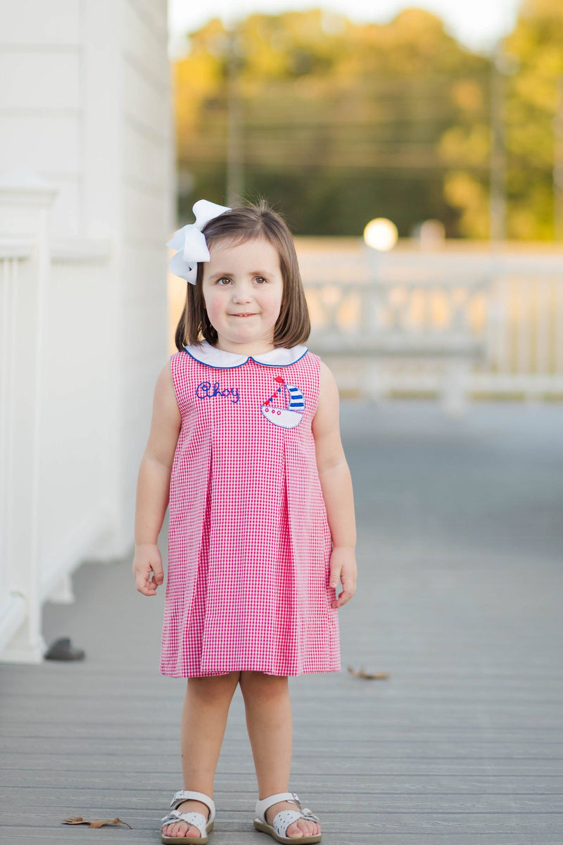 Pre-Order Ahoy Dress in Red Micogingham - Born Childrens Boutique